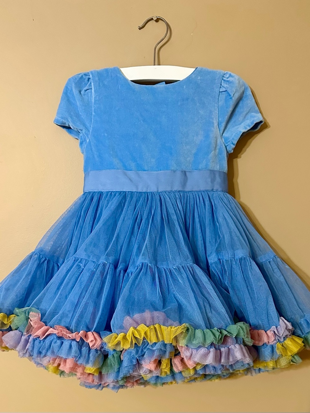 Mini Boden Blue Tulle Dress with Rainbow Ruffle Hem